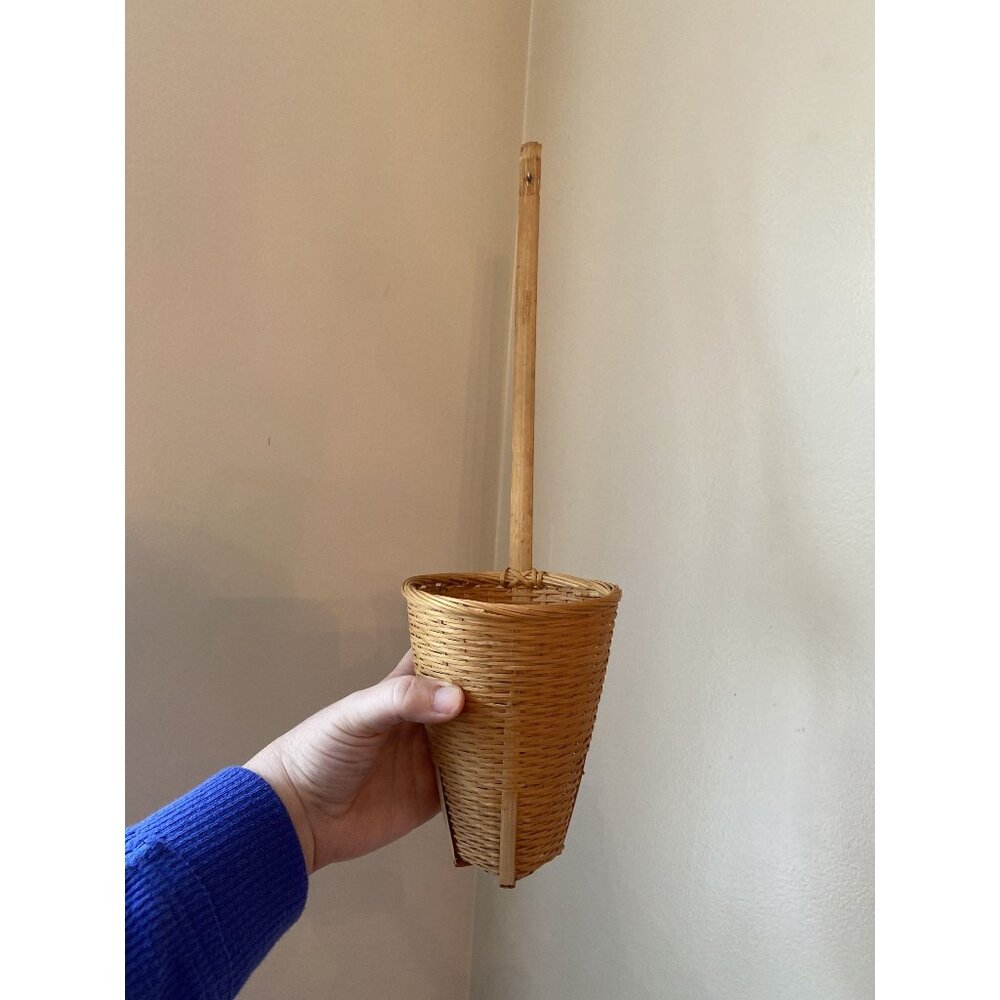 Vintage Handmade Woven Bamboo Basket With Long Handle